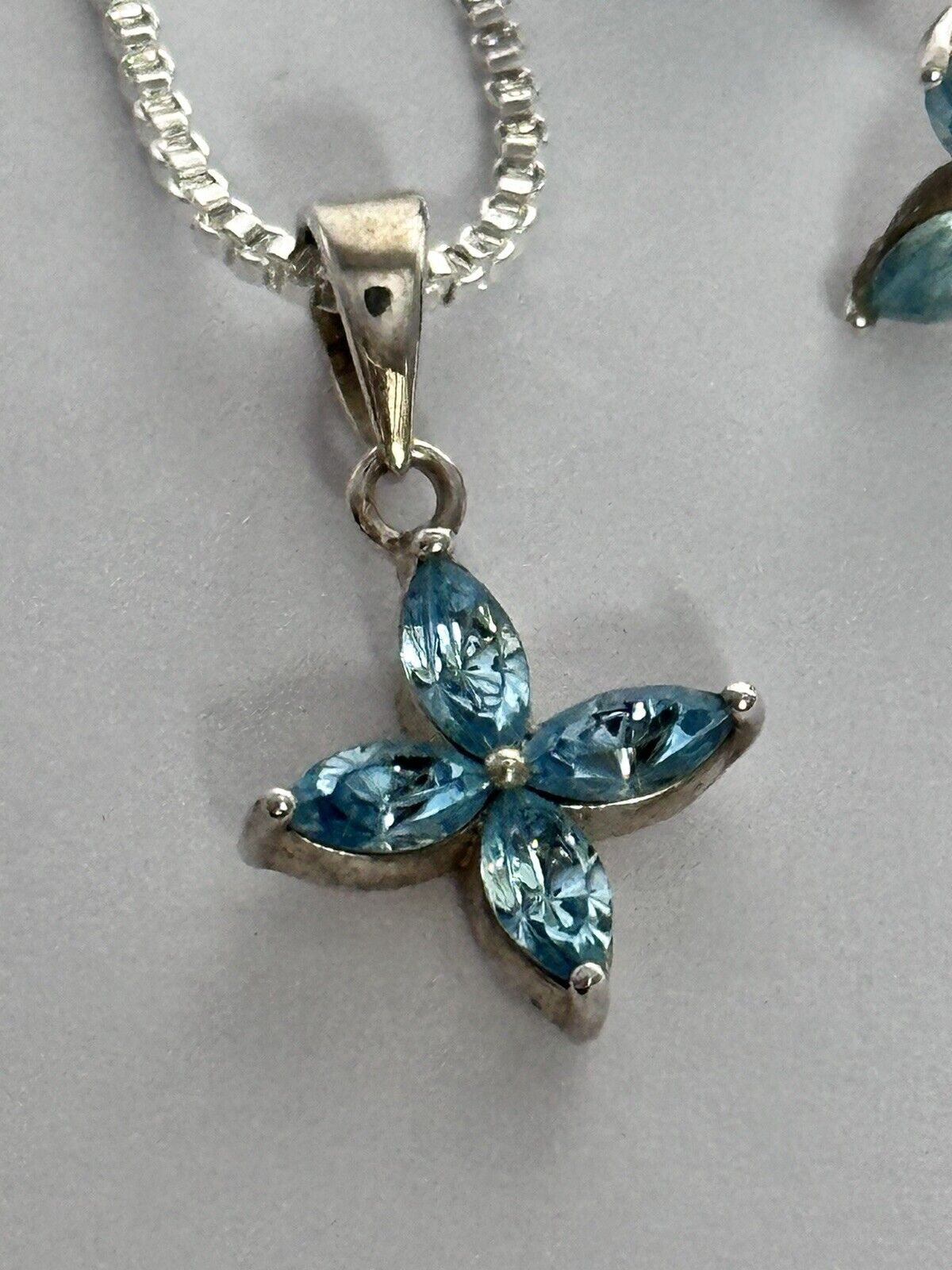 Vintage Sterling Silver 925 Blue Topaz Flowers Earrings And Necklace Set