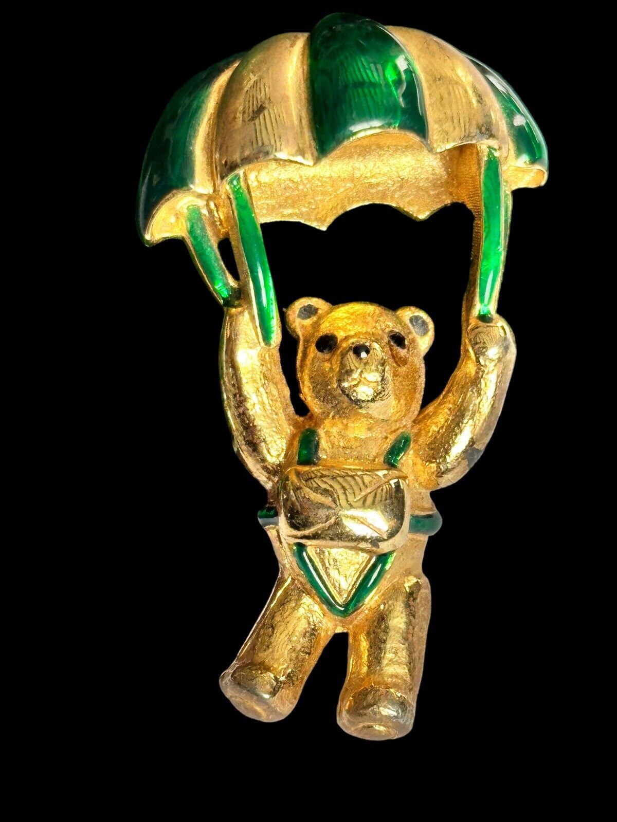 Vintage Gold Plated Green Enamel Teddy Bear Brooch