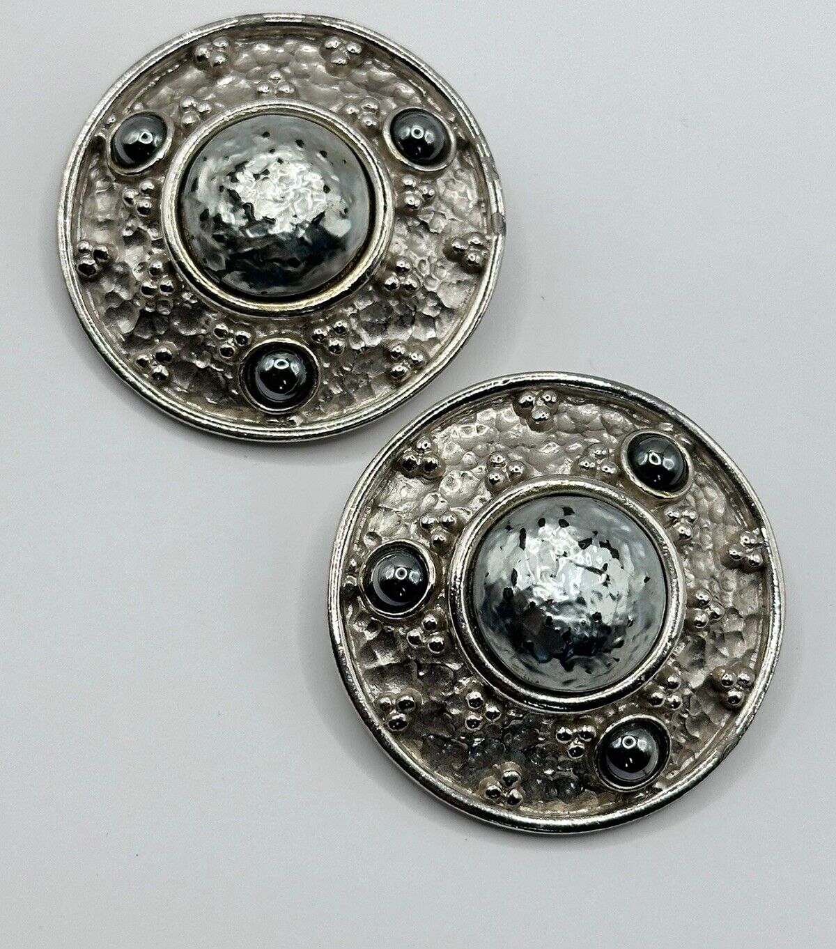 Vintage Silver Tone Etruscan Disk Clip On Earrings