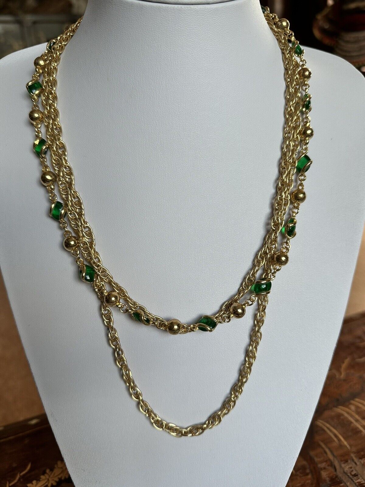 Vintage Gold Plated Triple Strand Green Glass Substantial Necklace