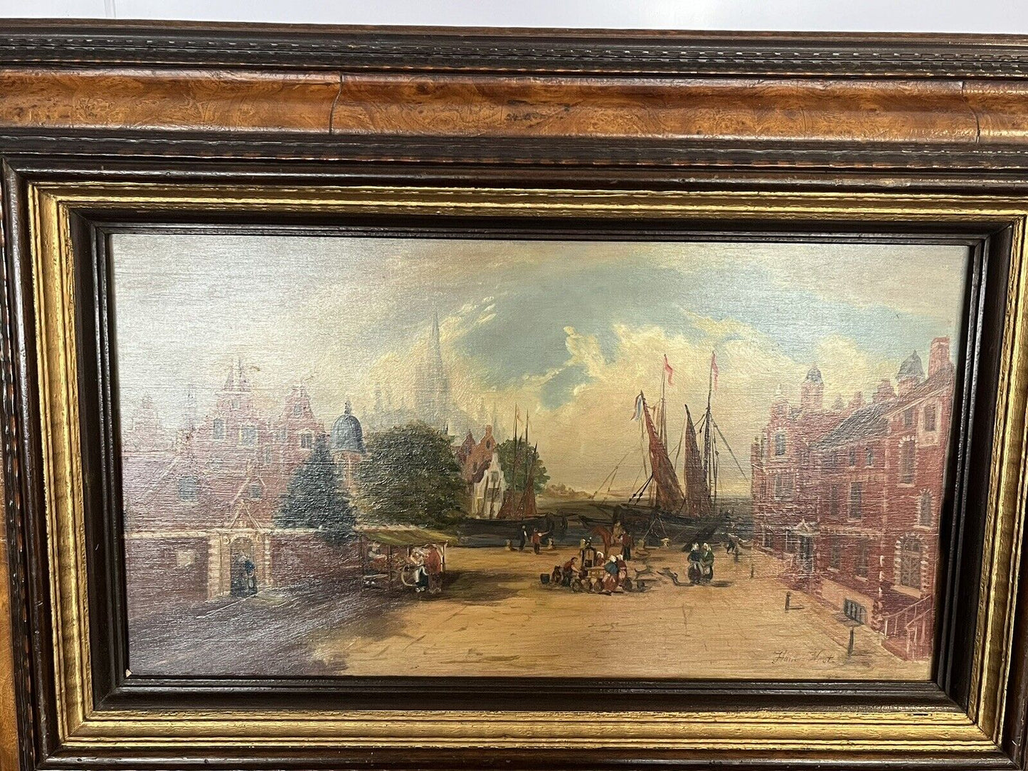 Antique Dutch Canal Scene Oil Painting, Signed F Knot In Frame