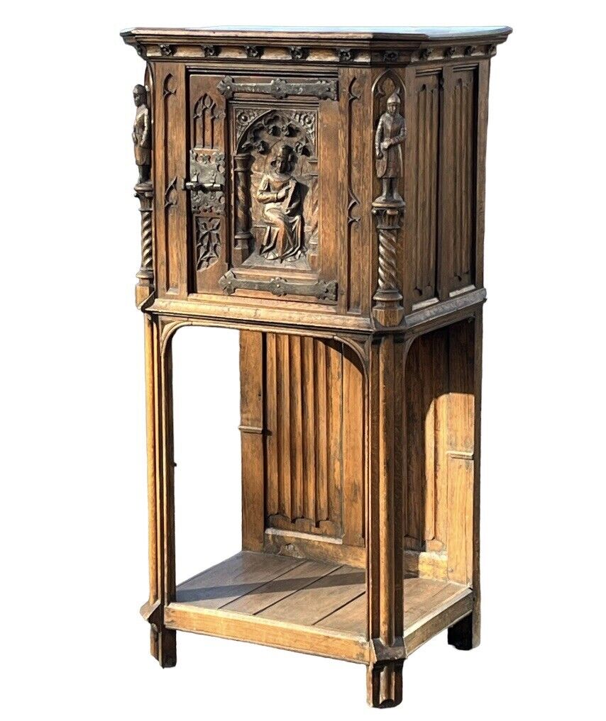 Drinks Cabinet, In Oak With Fine Carved Figures Of Knights & A Maiden.