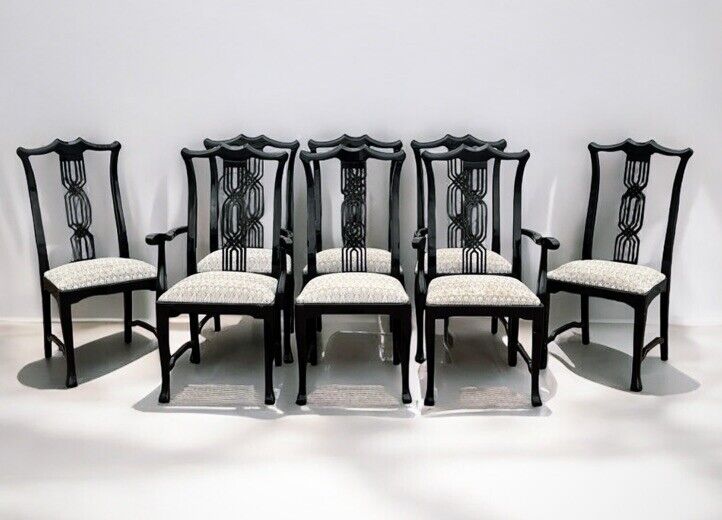 Set Of 8 Black Lacquered Chippendale Style Dining Chairs