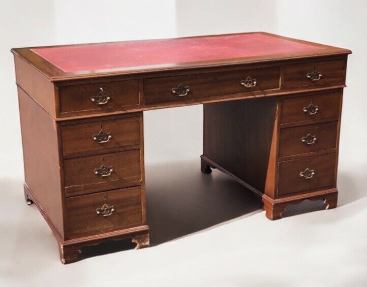 Pedestal Desk With Red Leather Top. Brass Handles.