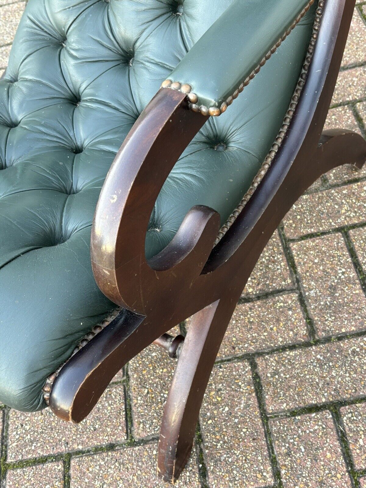 Green Leather Buttoned Back Armchair. Slipper Chair/ Reading Chair