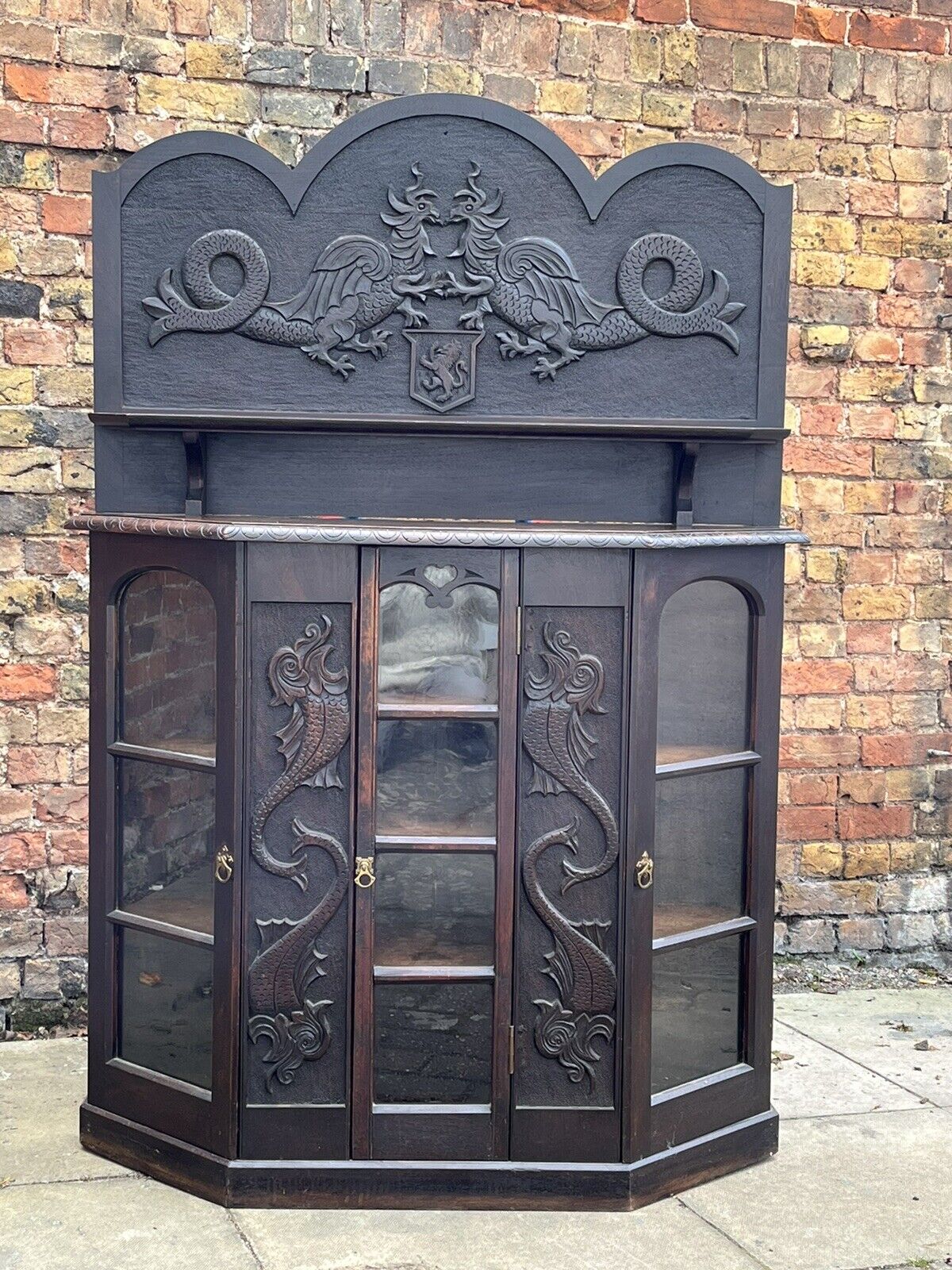 Antique Sideboard/ Display Cabinet With Carved Family Crest.