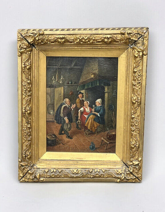 19th Century Tavern Or Inn Scene. Oil On Canvas In Gold Gilt Frame.