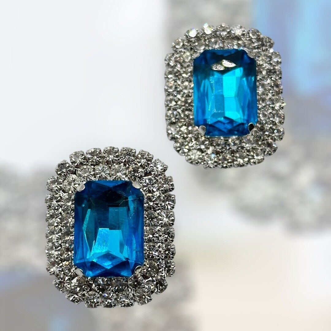 Vintage Silver Tone Blue Diamanté Statement Clip On Earrings