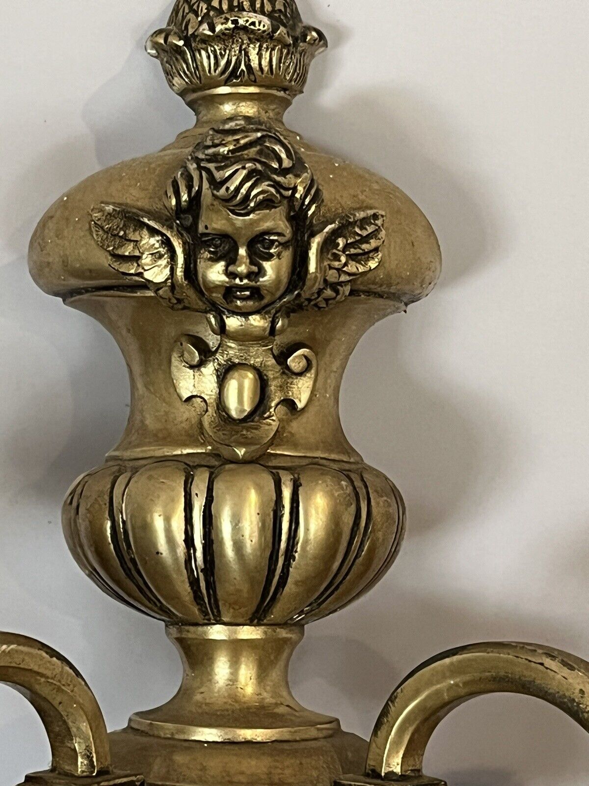 Pair Of Brass Cherub Wall Light Sconces.