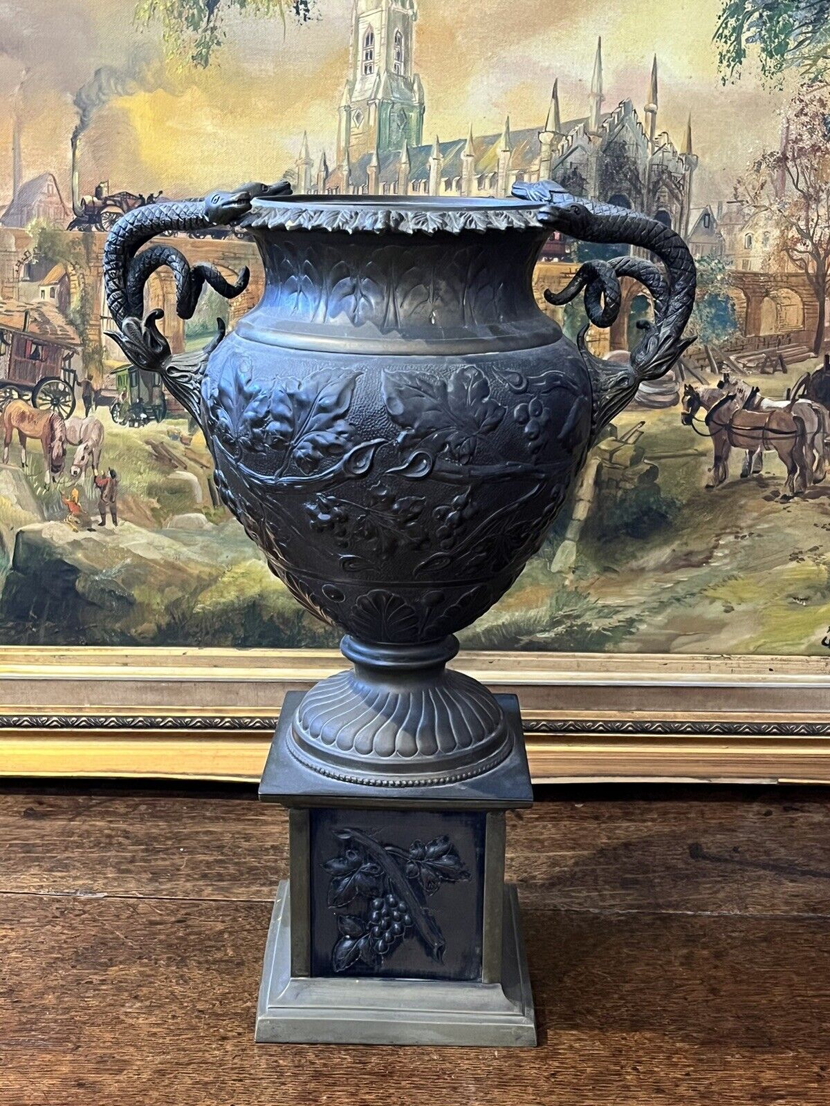 Victorian Large Urn Decorated With Vine Leaves & Grapes With Snake Handles.