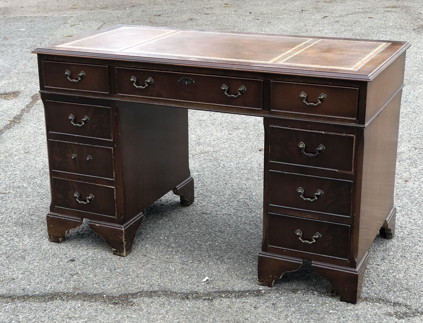 Pedestal Desk With Tan Leather Top.