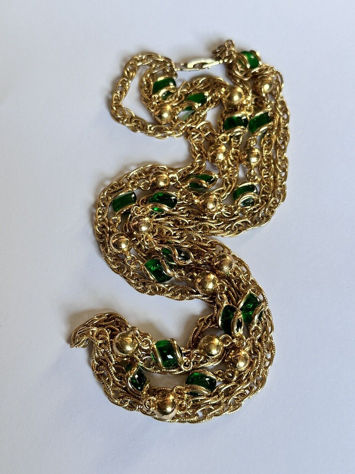 Vintage Gold Plated Triple Strand Green Glass Substantial Necklace