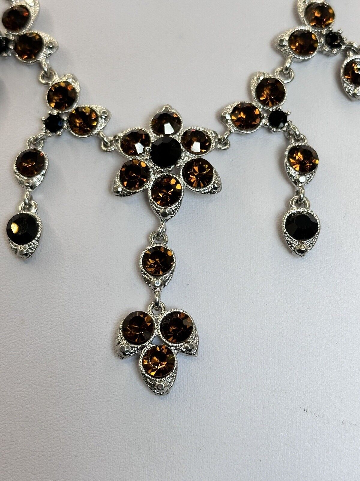 Vintage Silver Tone Brown Stone Statement Necklace