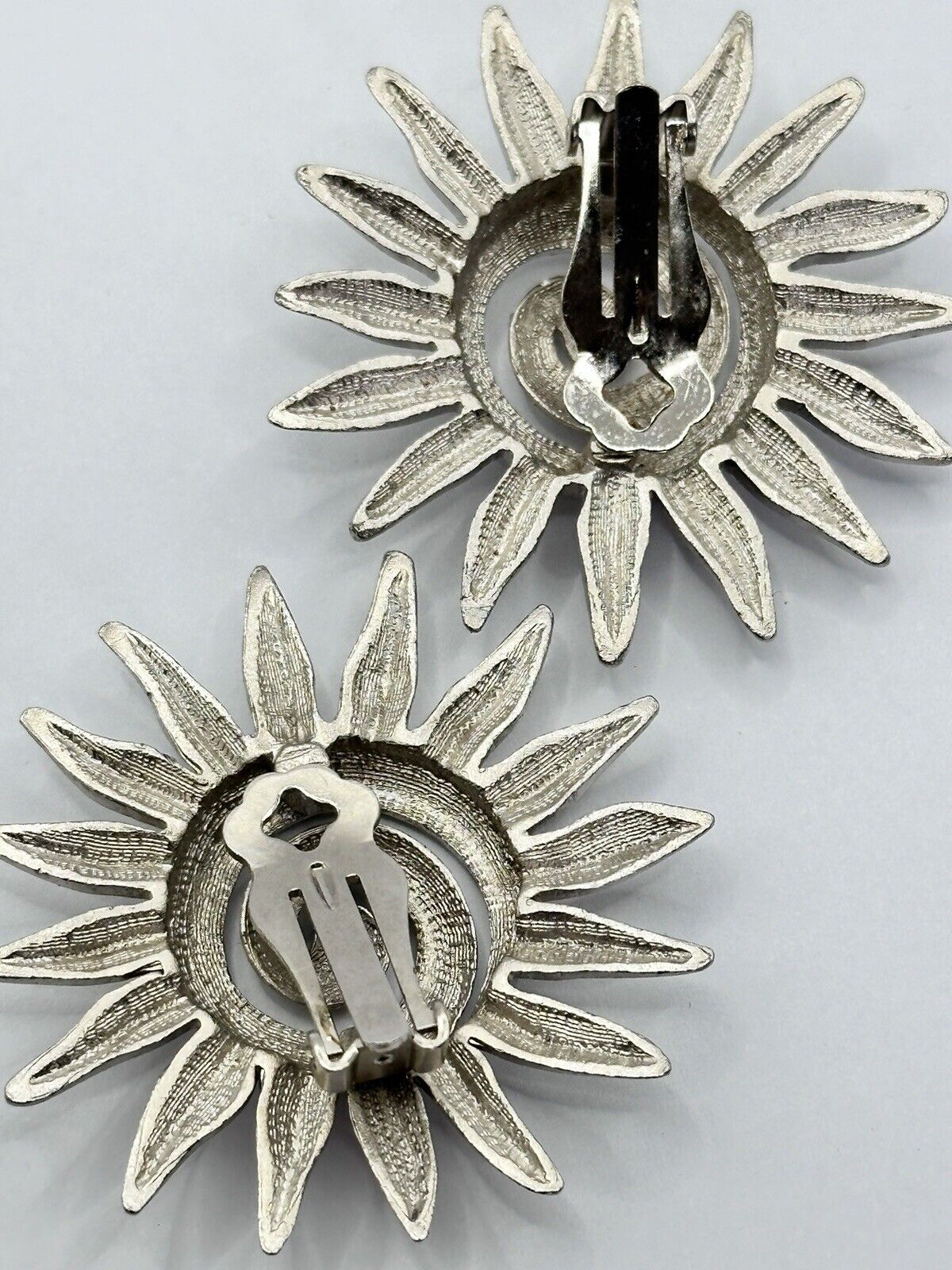 Vintage Silver Tone Sunburst Clip On Earrings