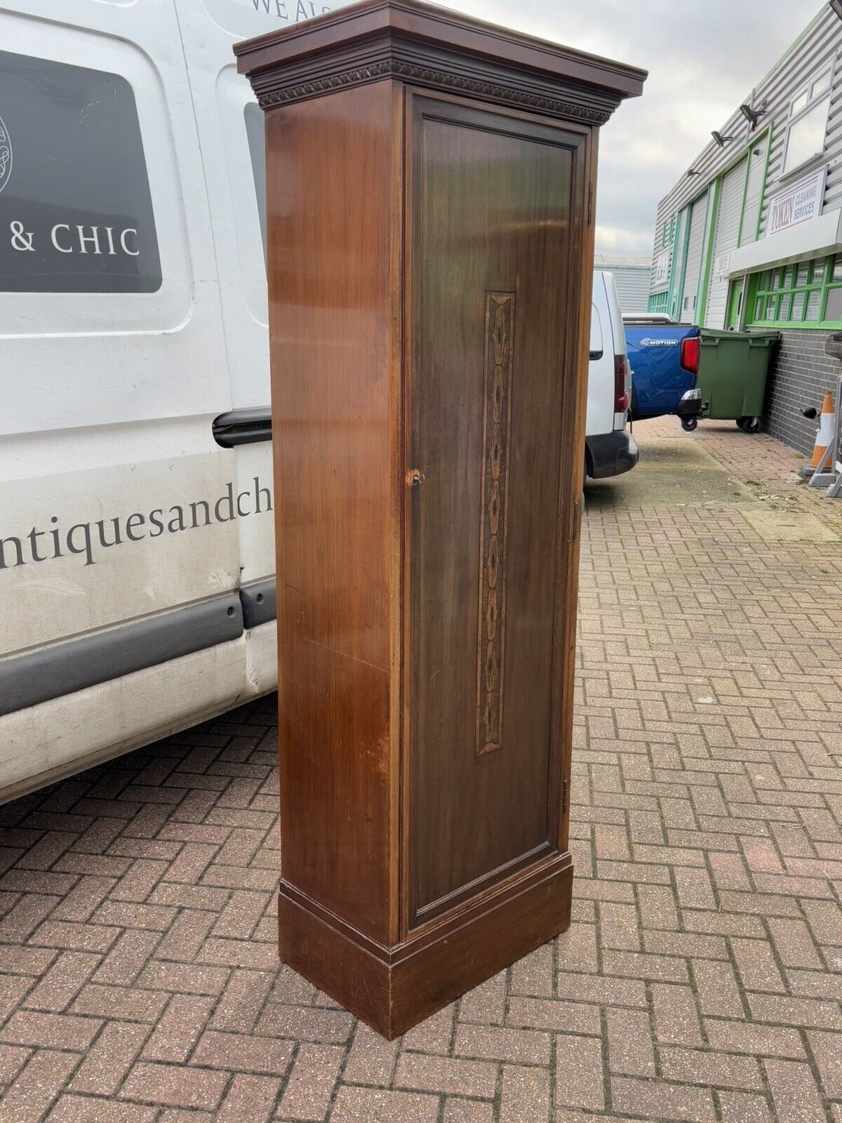 1920's Inlaid Mahogany Slim Storage Cupboards, Adjustable Shelves, Drawer, Key