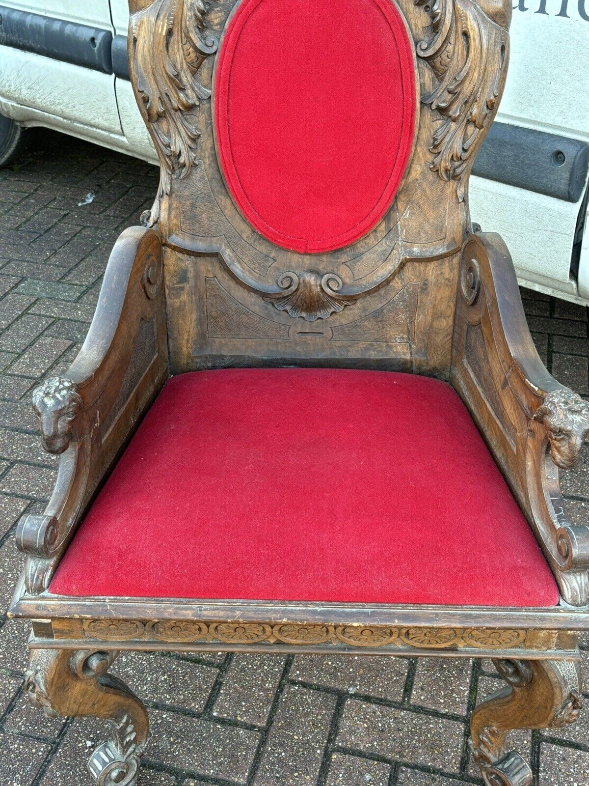 Antique Walnut Country House Library Armchair. Carved Mythical Figures.