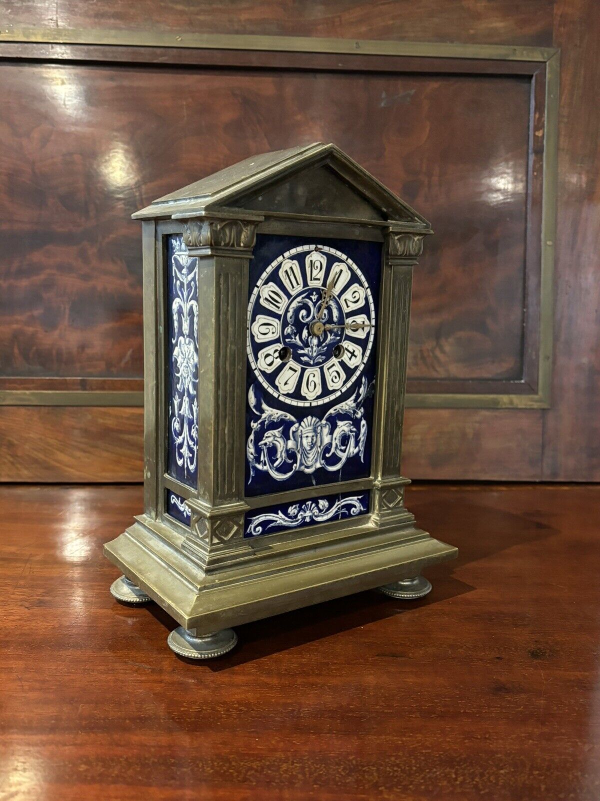 French Architectural Antique Brass Clock With Painted Panels, Chines On A Bell