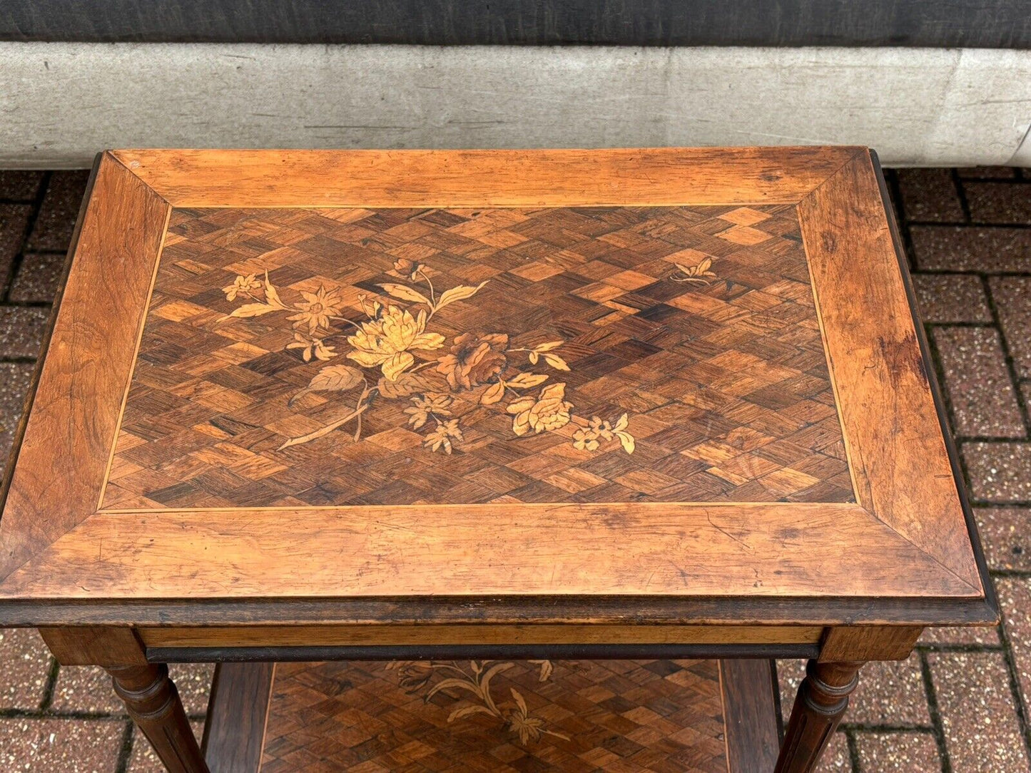 Antique Marquetry Dressing Cabinet With Silver Grooming Set, English Hallmarks