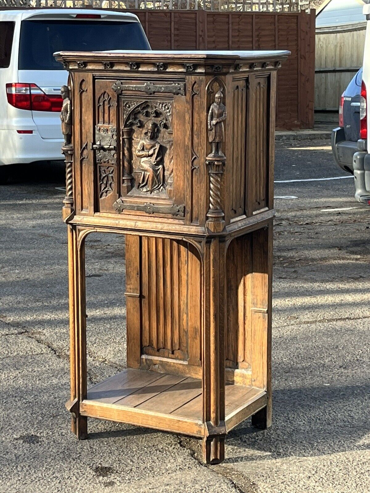 Drinks Cabinet, In Oak With Fine Carved Figures Of Knights & A Maiden.