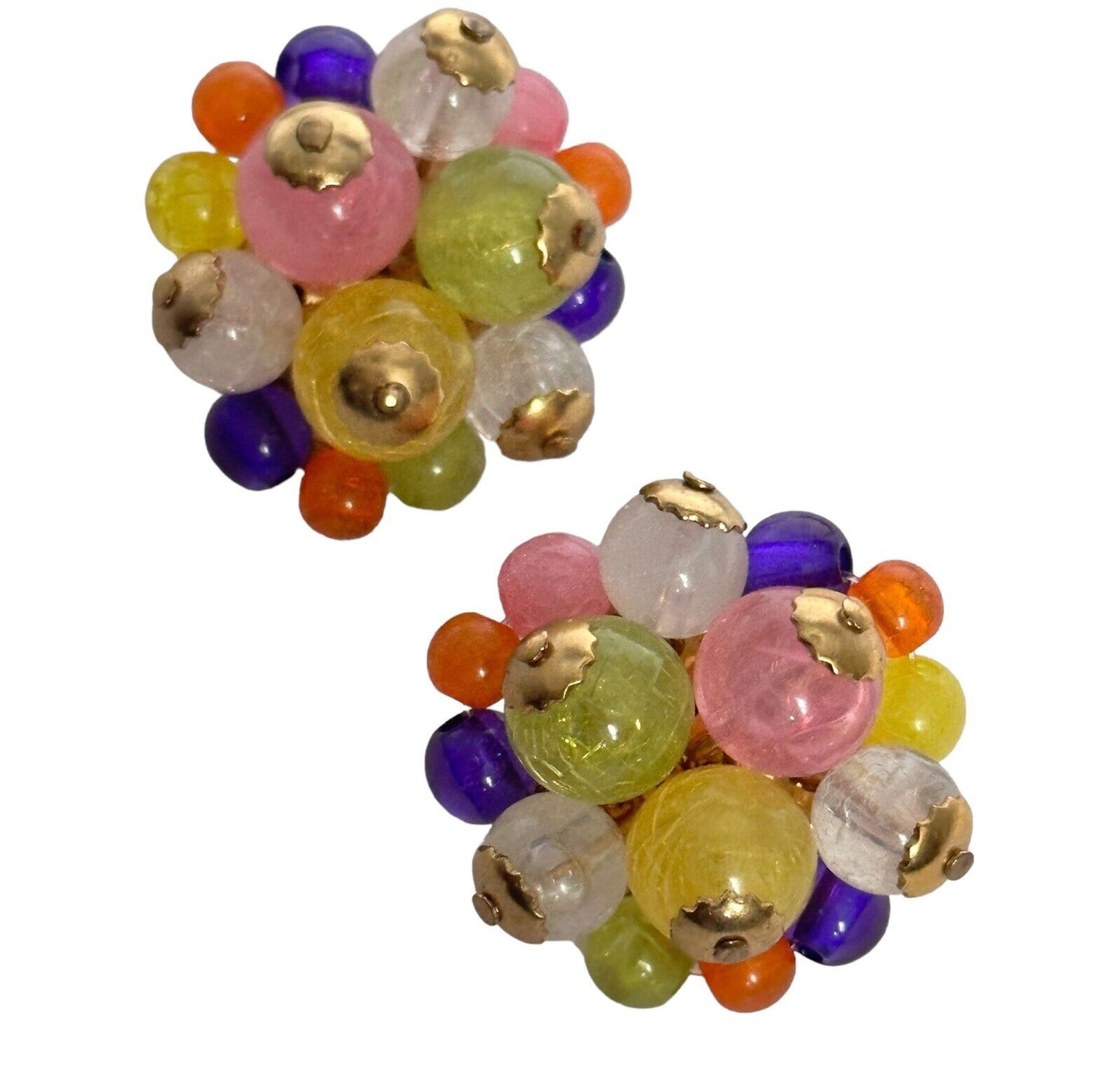 Vintage Gold Tone Multicoloured Acrylic Cluster Clip On Earrings