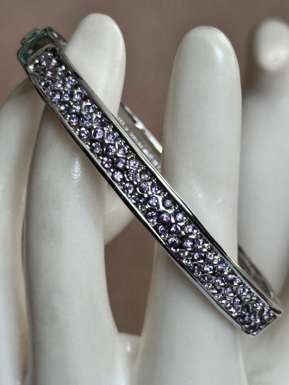 Vintage 1980s Rhodium Plated Purple Diamanté Hinged Cuff Bracelet New Old Stock