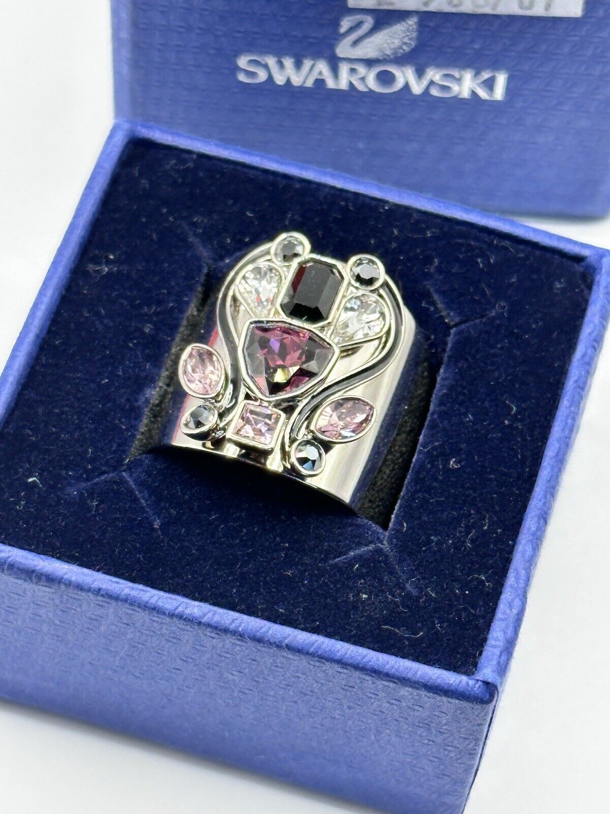 Vintage Swan Signed Swarovski Purple Black Stone Statement Ring Boxed