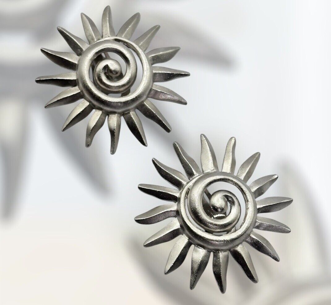 Vintage Silver Tone Sunburst Clip On Earrings