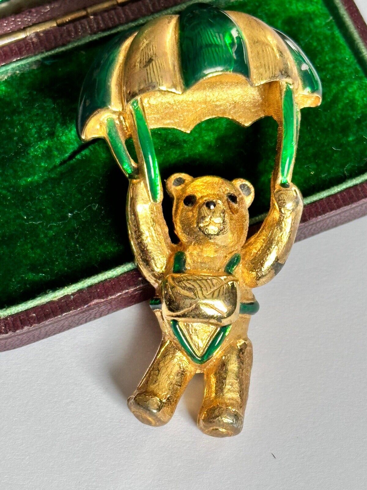 Vintage Gold Plated Green Enamel Teddy Bear Brooch