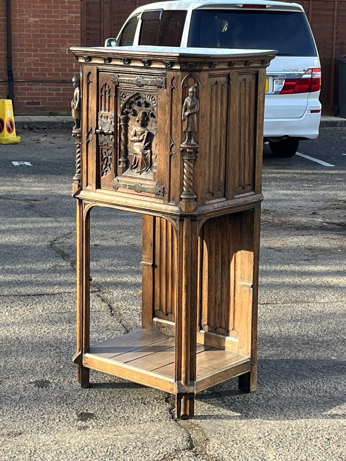 Drinks Cabinet, In Oak With Fine Carved Figures Of Knights & A Maiden.