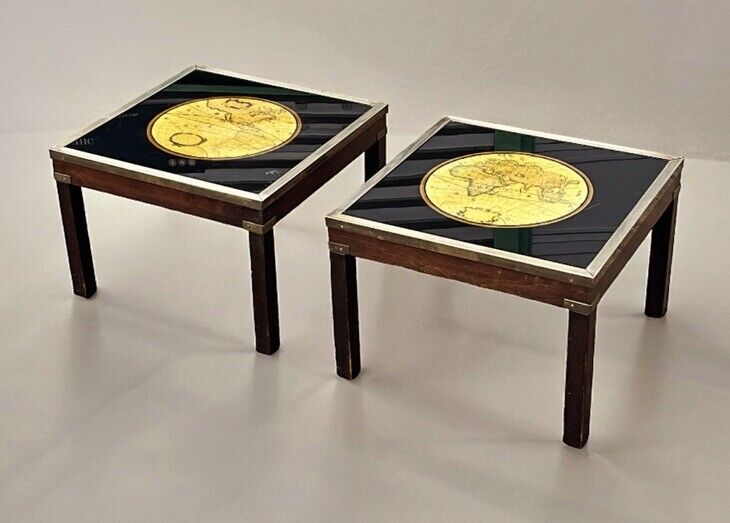 Pair Of Military Style Brass Bound Map Coffee Tables, Lamp Tables, Side Tables