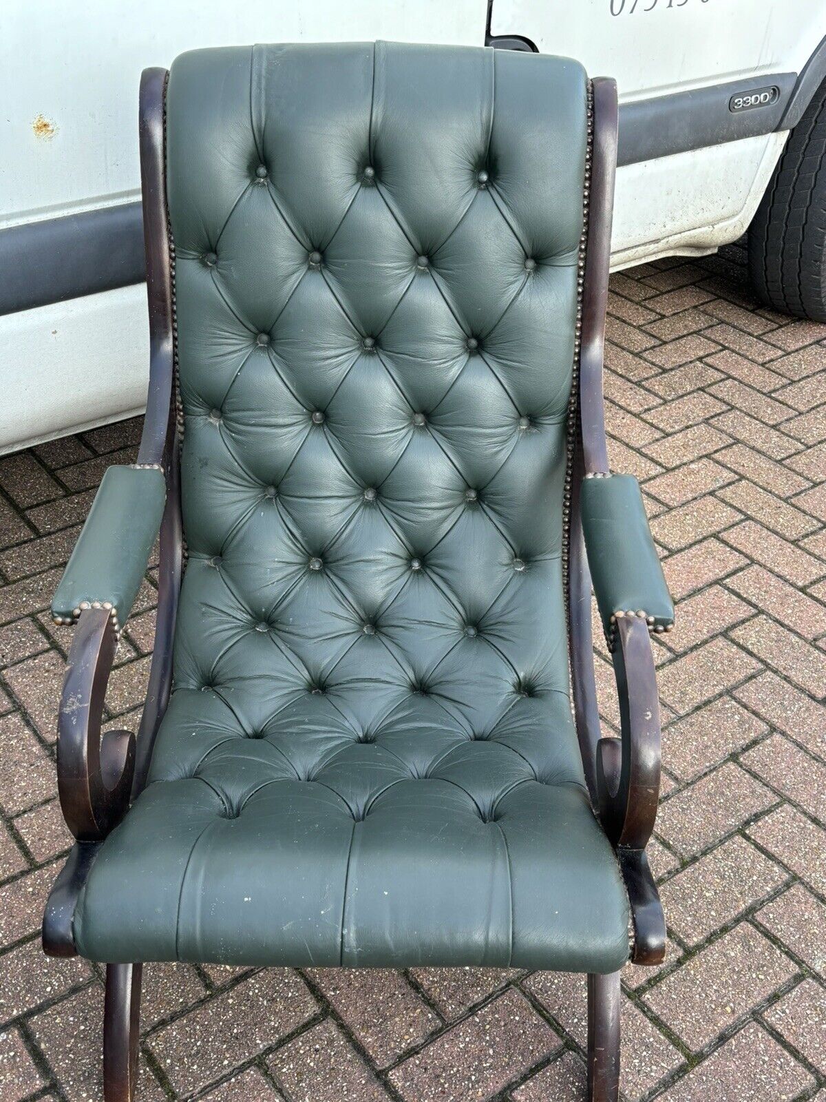 Pair Of Green Leather Buttoned Back Armchairs. Slipper Chairs/ Reading Chairs