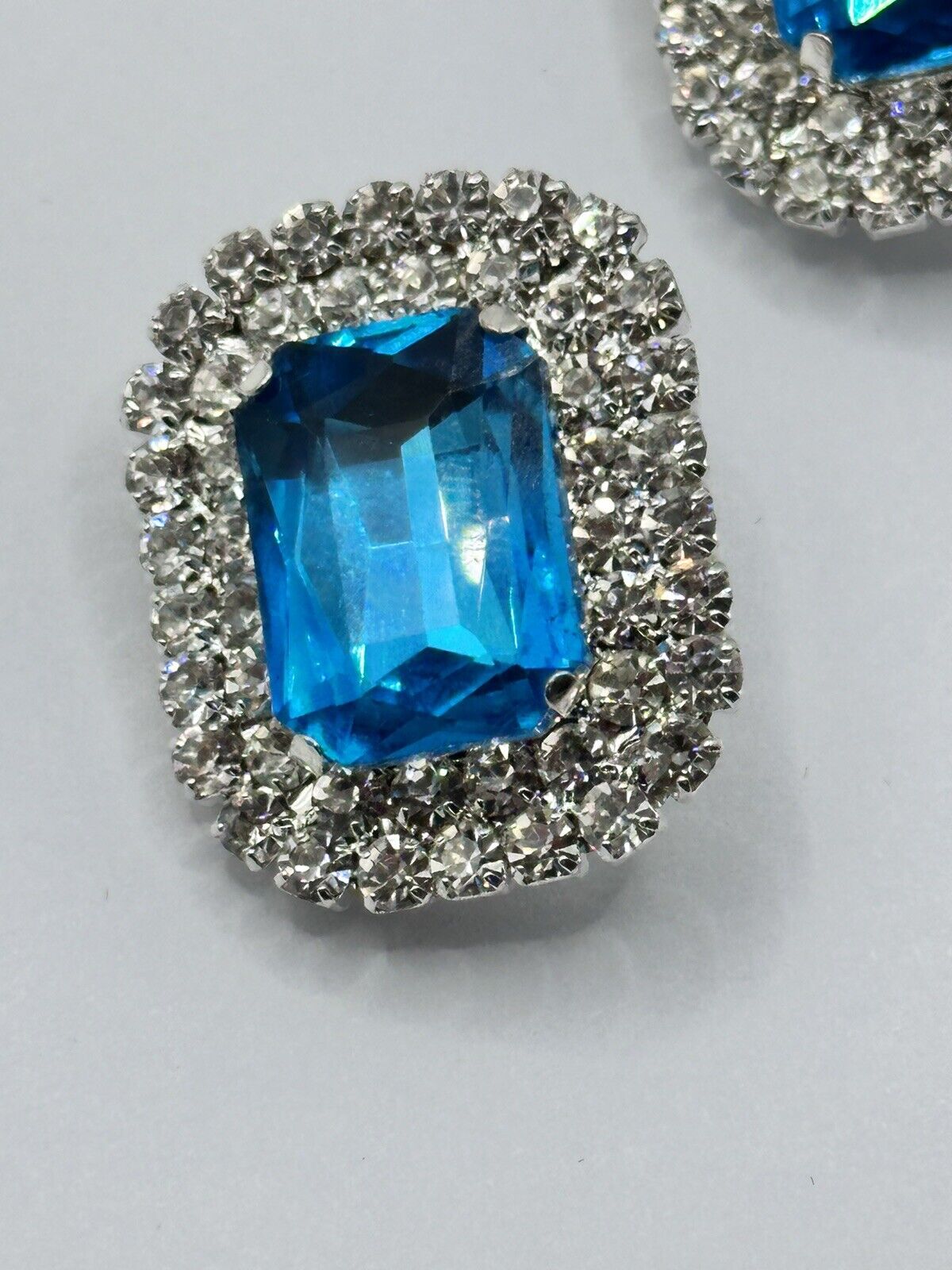 Vintage Silver Tone Blue Diamanté Statement Clip On Earrings