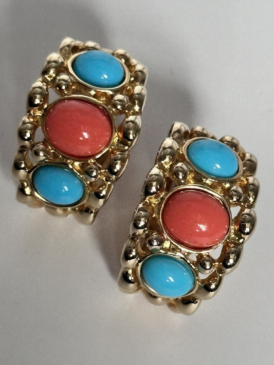 Vintage 1980s Gold Tone Coral Turquoise Coloured Clip On Earrings