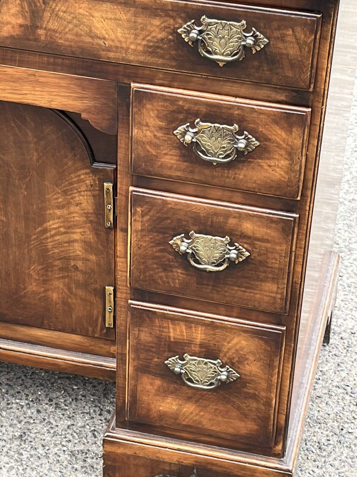 Walnut Kneehole Desk, Bracket Feet With Brass Handles.