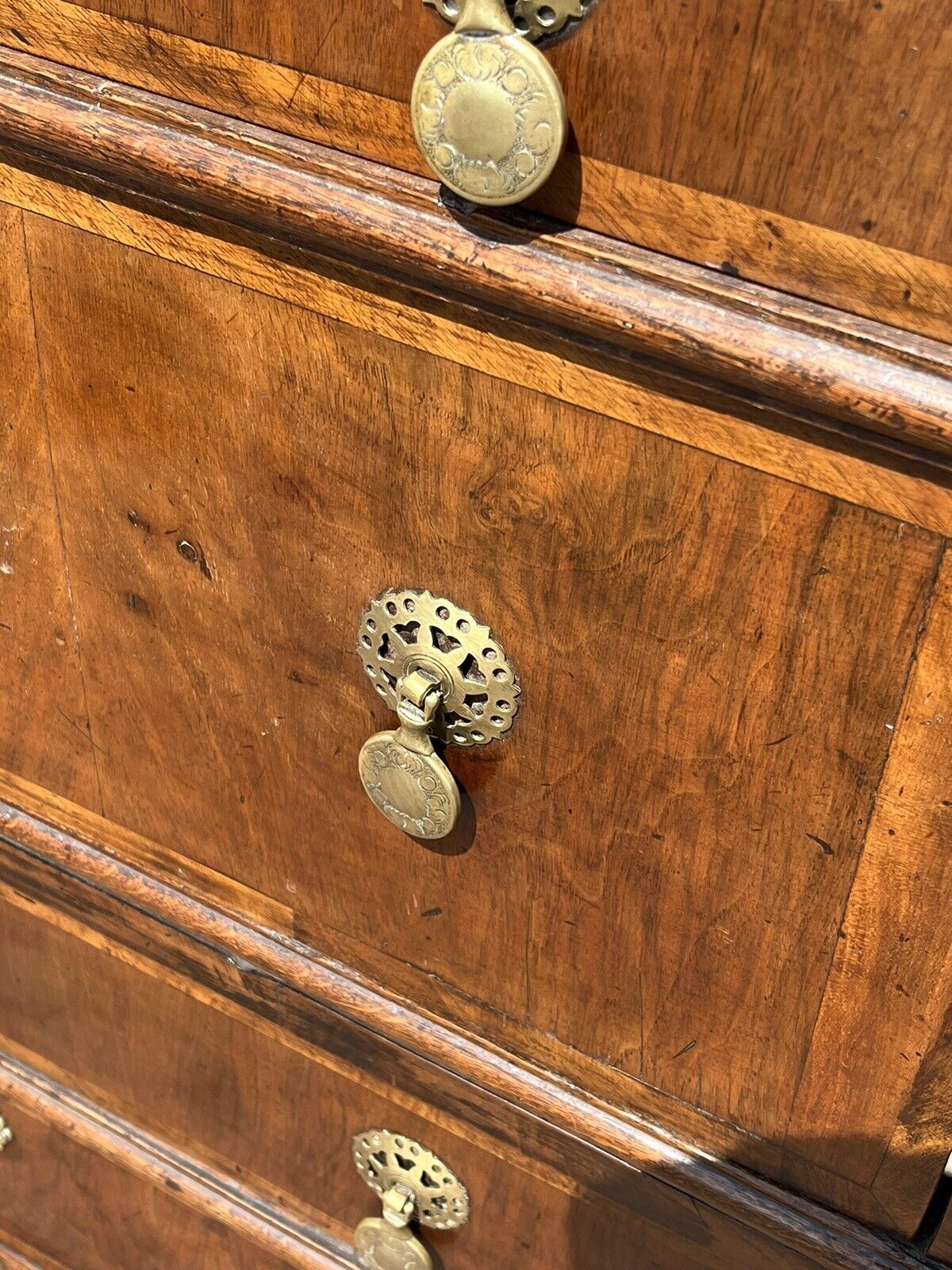 George II Provincial Walnut Chest Of Drawers. Brass Handles. Splits In 2 Pieces.