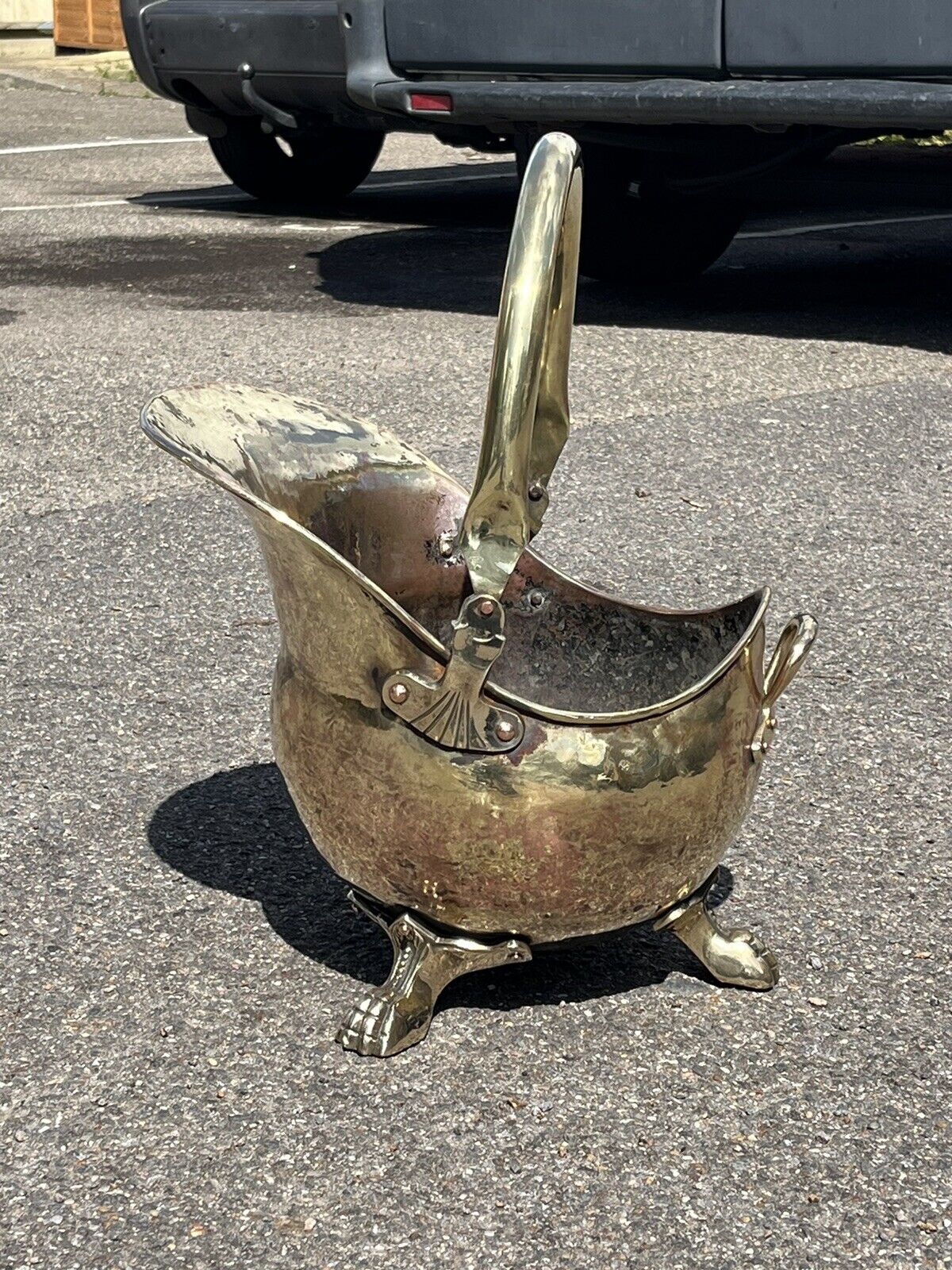 Brass & Copper Helmet Coal Bucket / Scuttle on Lions Paw Feet.