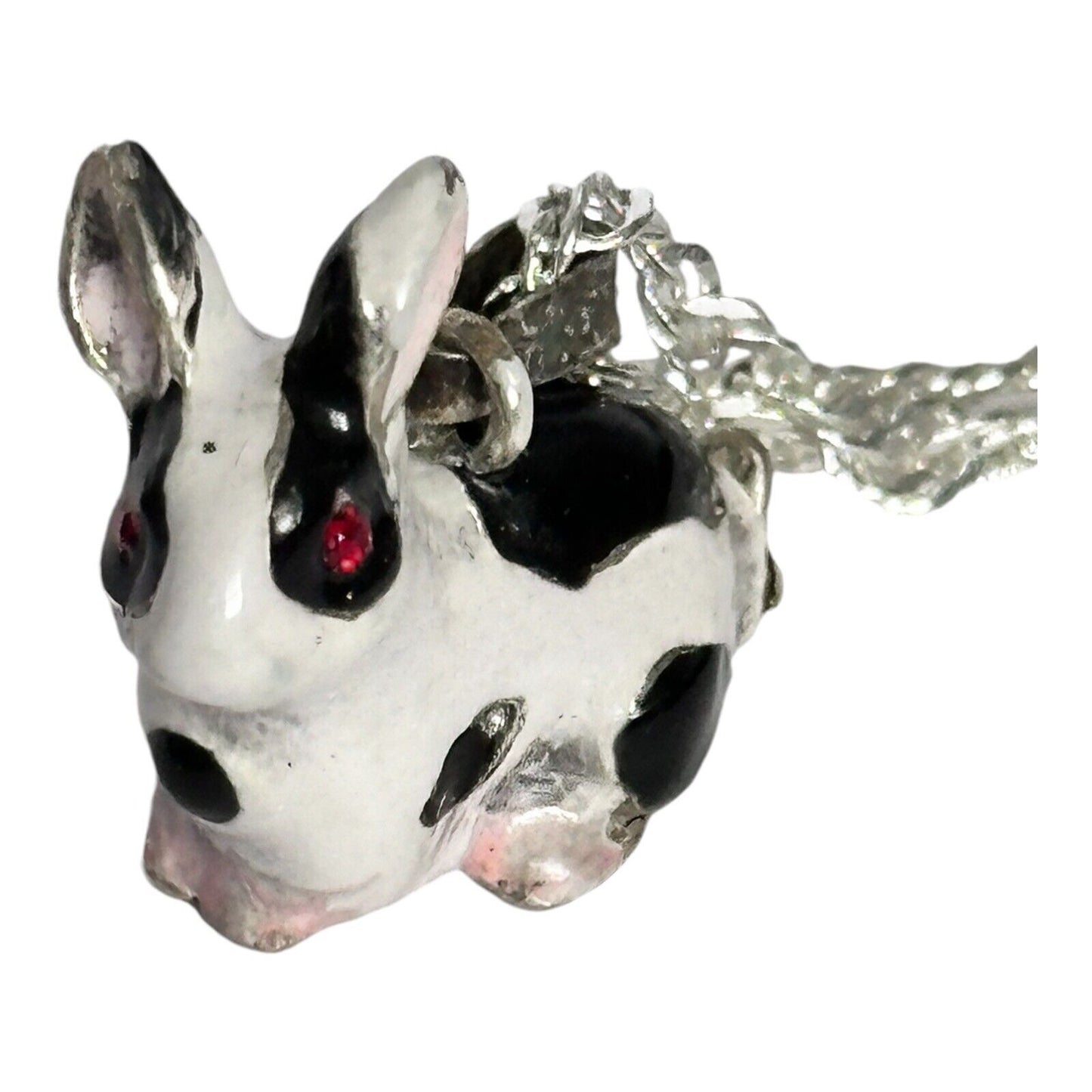 Viintage Rhodium Plated Enamel Rabbit Pendant Necklace