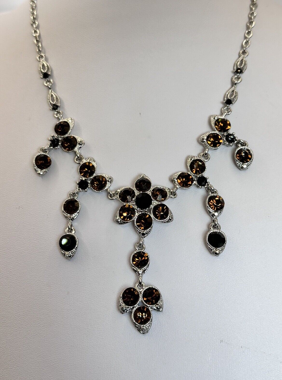 Vintage Silver Tone Brown Stone Statement Necklace