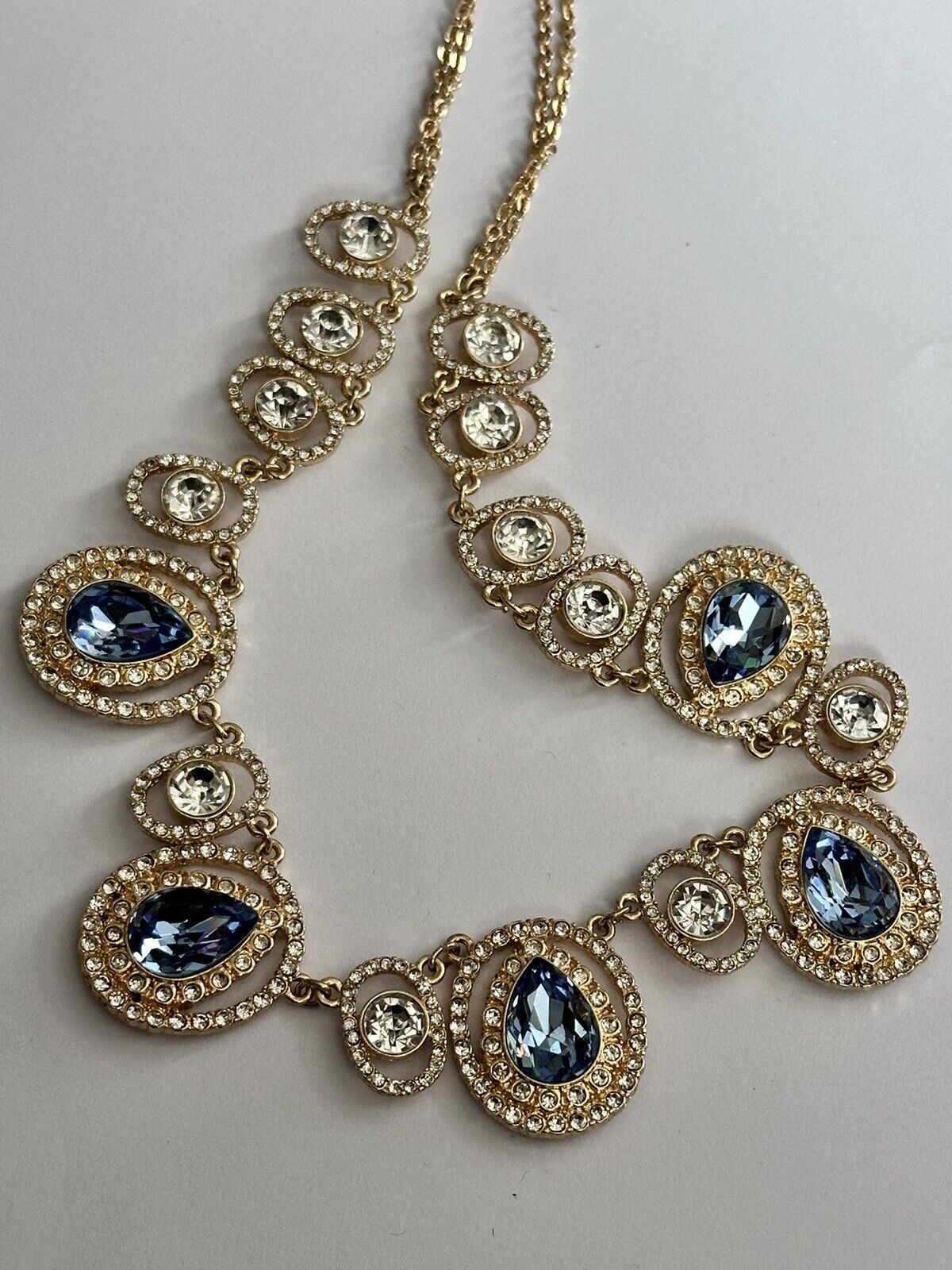 Vintage Gold Plated Blue Teardrop Crystal Statement Necklace