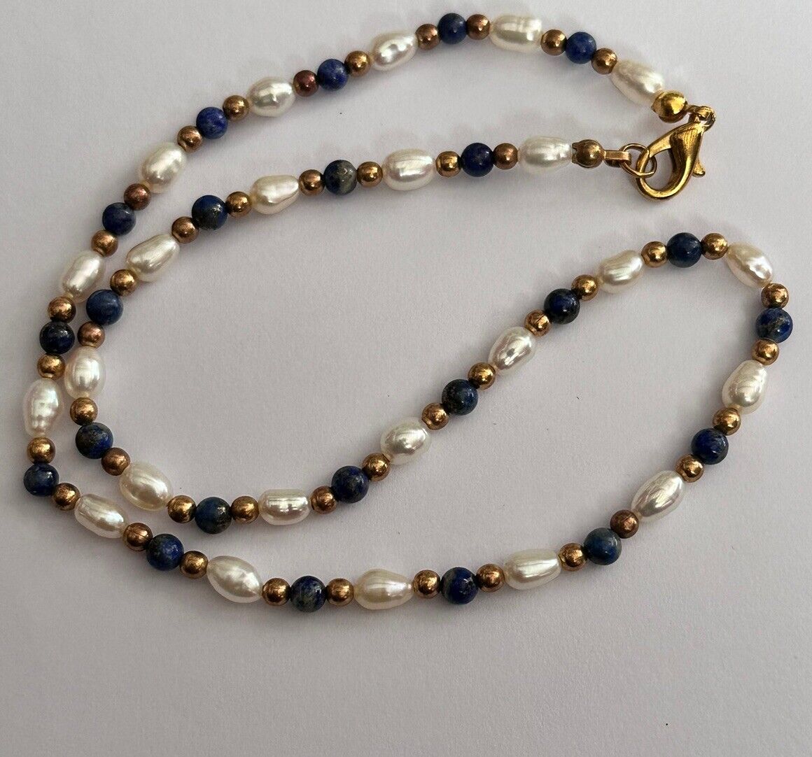 Vintage 1980s Gold Plated Pearl Lapis Lazuli Beaded Necklace