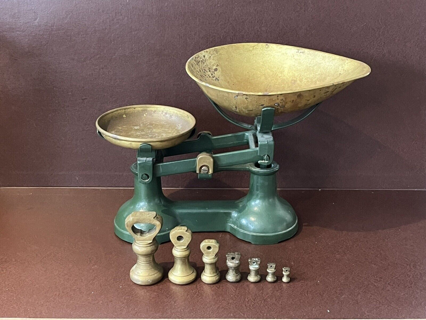 Old Scales With Set Of Brass Bell Weights