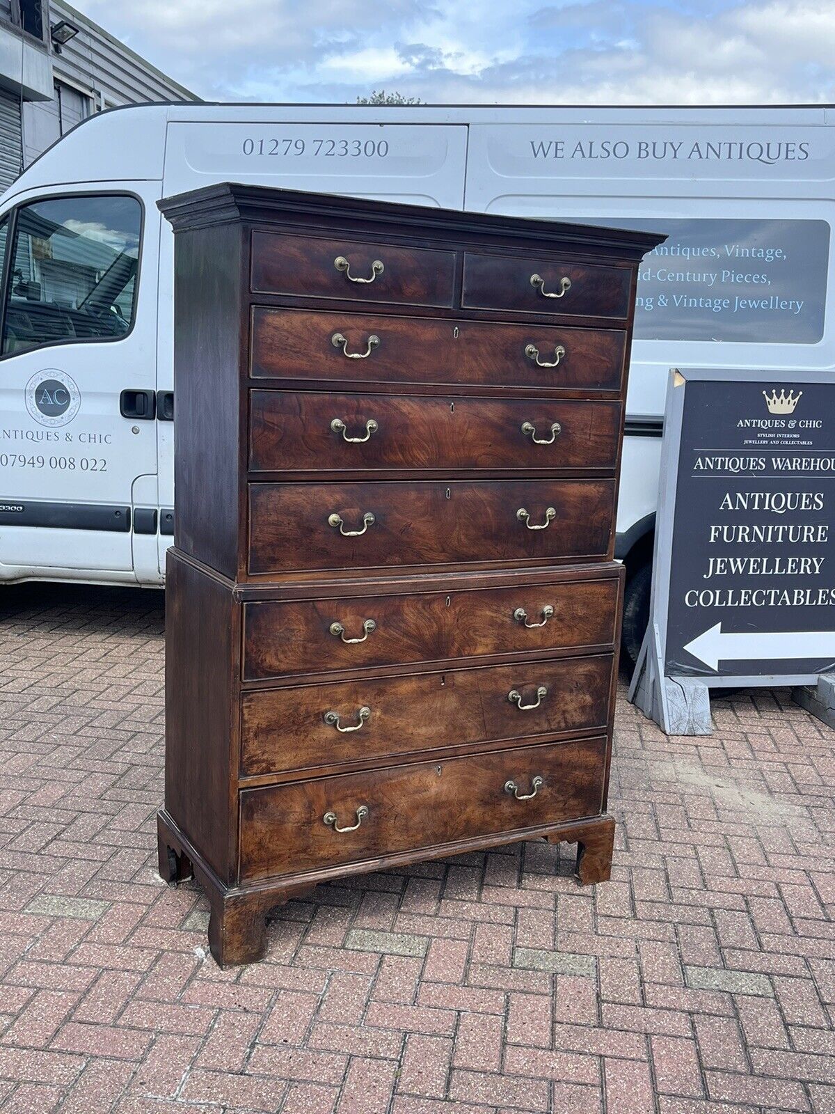 Georgian Mahogany Chest On Chest. Original Brass Handles, Bracket Feet.