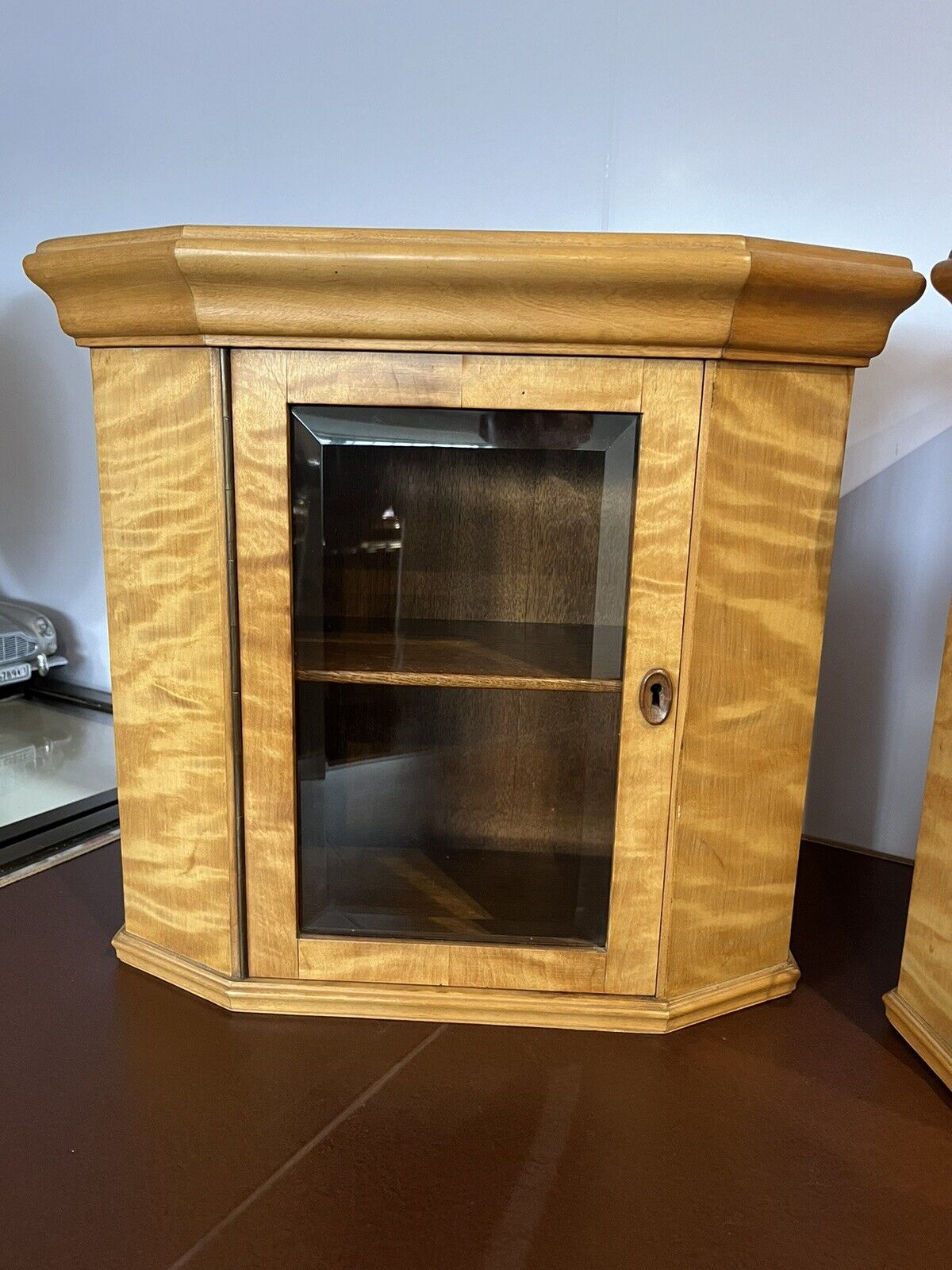 Satinwood Collectors Table / Wall Display Cabinets. Lock & Key, Bevelled Glass