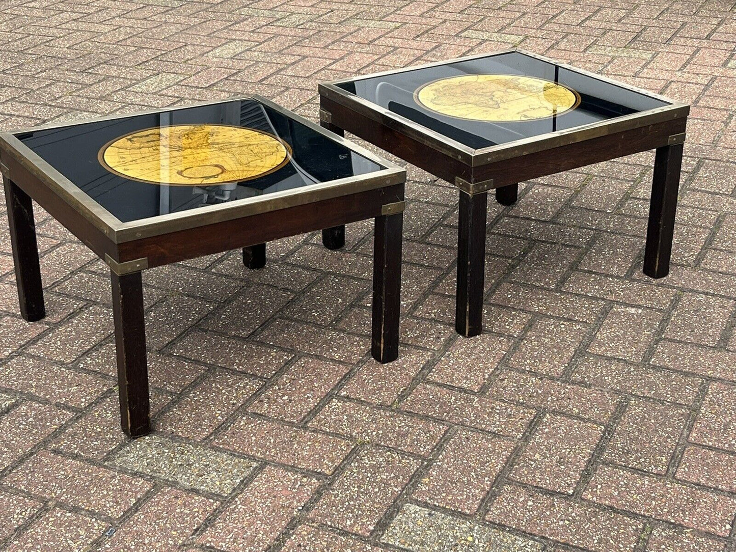 Pair Of Military Style Brass Bound Map Coffee Tables, Lamp Tables, Side Tables