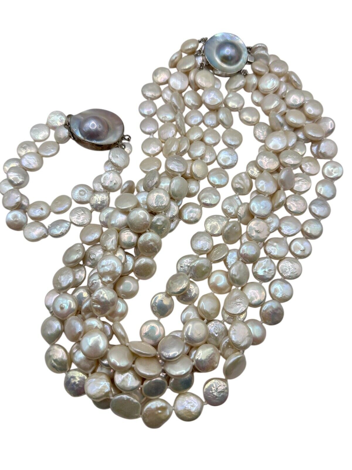 Statement Multistrand Button Pearl Sterling Silver Clasp Necklace Bracelet Set