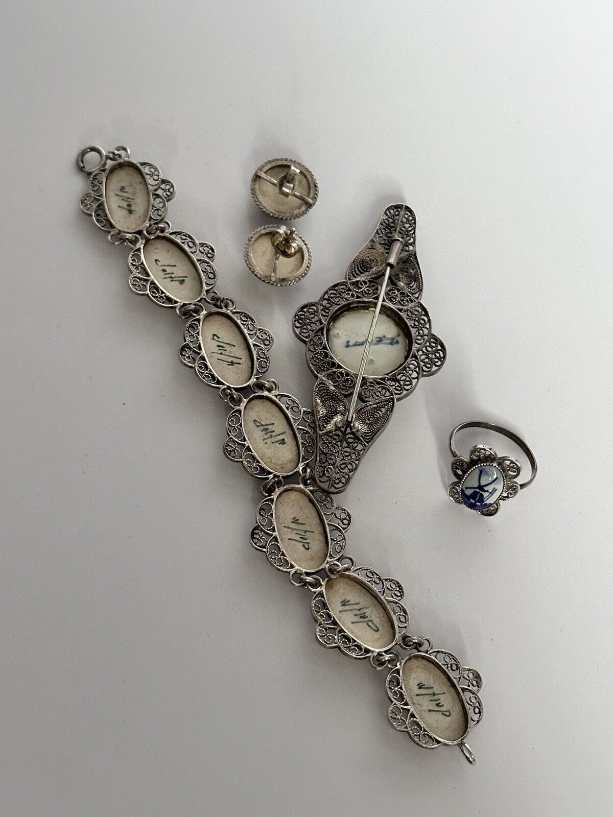 Vintage Dutch Silver 835 Filigree Delft Bracelet Ring Necklace Earring Set