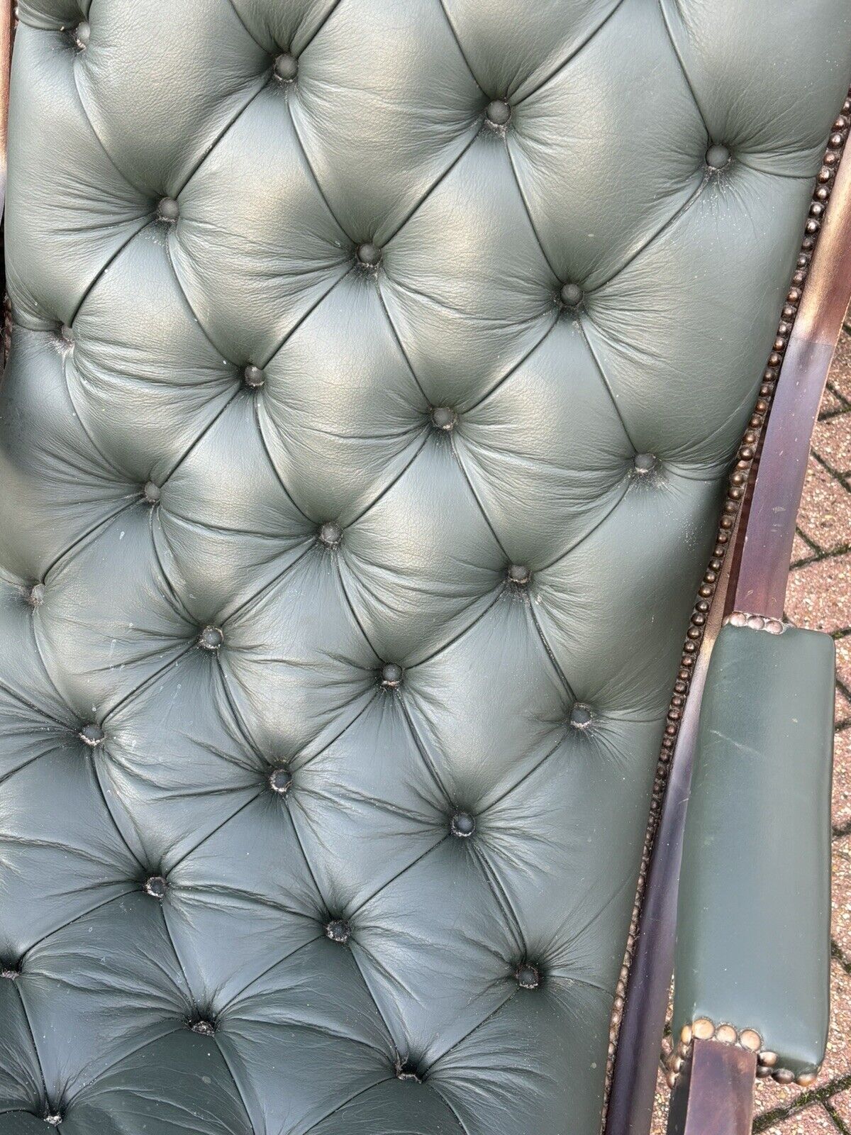 Green Leather Buttoned Back Armchair. Slipper Chair/ Reading Chair