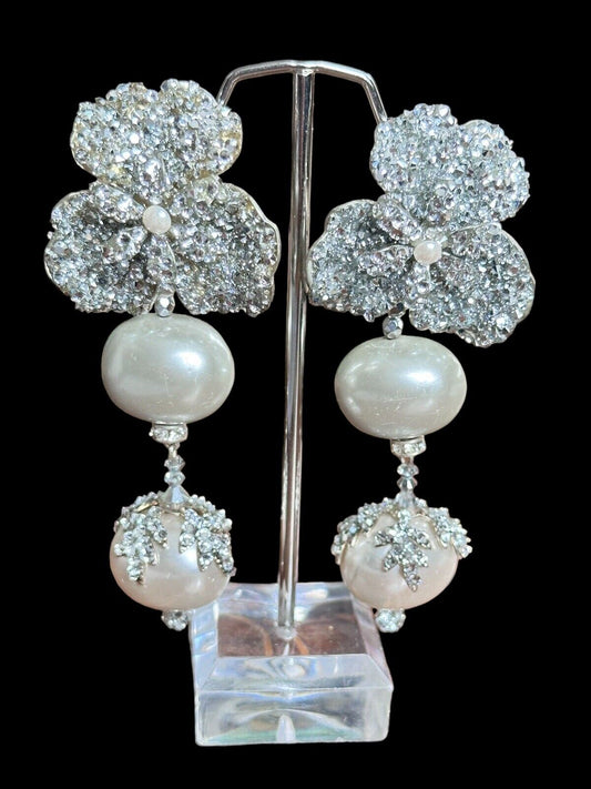 Vintage Statement Runway Faux Pearl Diamanté  Flower Drop Earrings