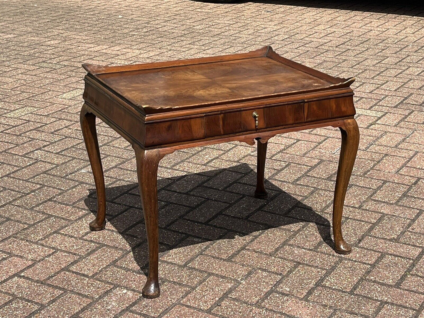 Antique Burr Walnut Tray Top Side Table With Drawer. Pad Feet, Brass Handle.