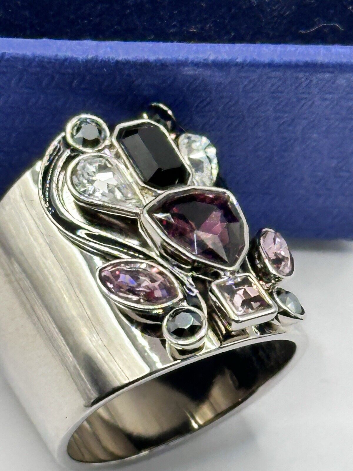 Vintage Swan Signed Swarovski Purple Black Stone Statement Ring Boxed